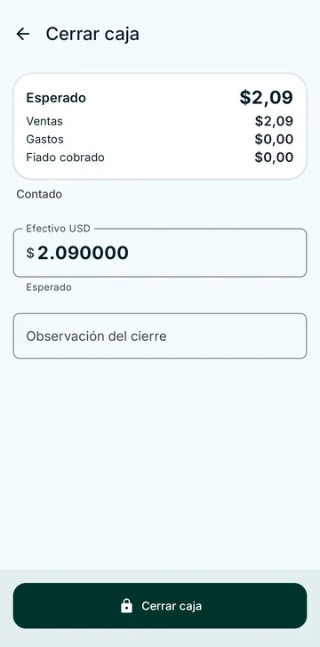 Pantalla real de Cerrar caja en BODEGUERO: lo esperado, lo contado y la observación del cierre.
