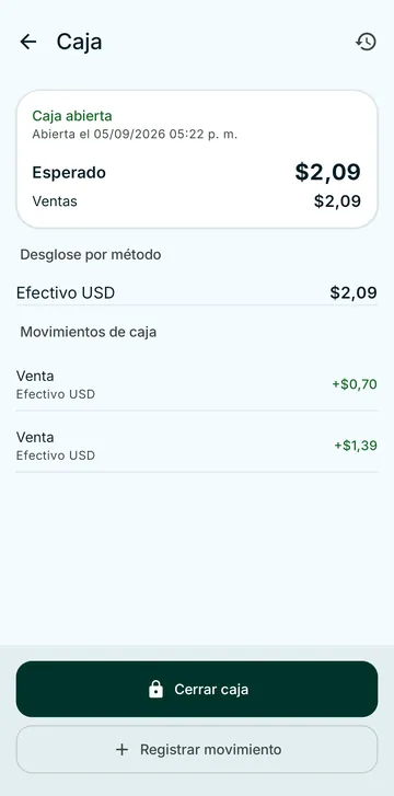 Pantalla real de Caja en BODEGUERO: caja abierta, lo esperado y los movimientos del día.