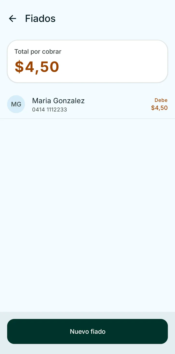 Pantalla de Fiados de BODEGUERO con el total por cobrar y la lista de clientes que deben