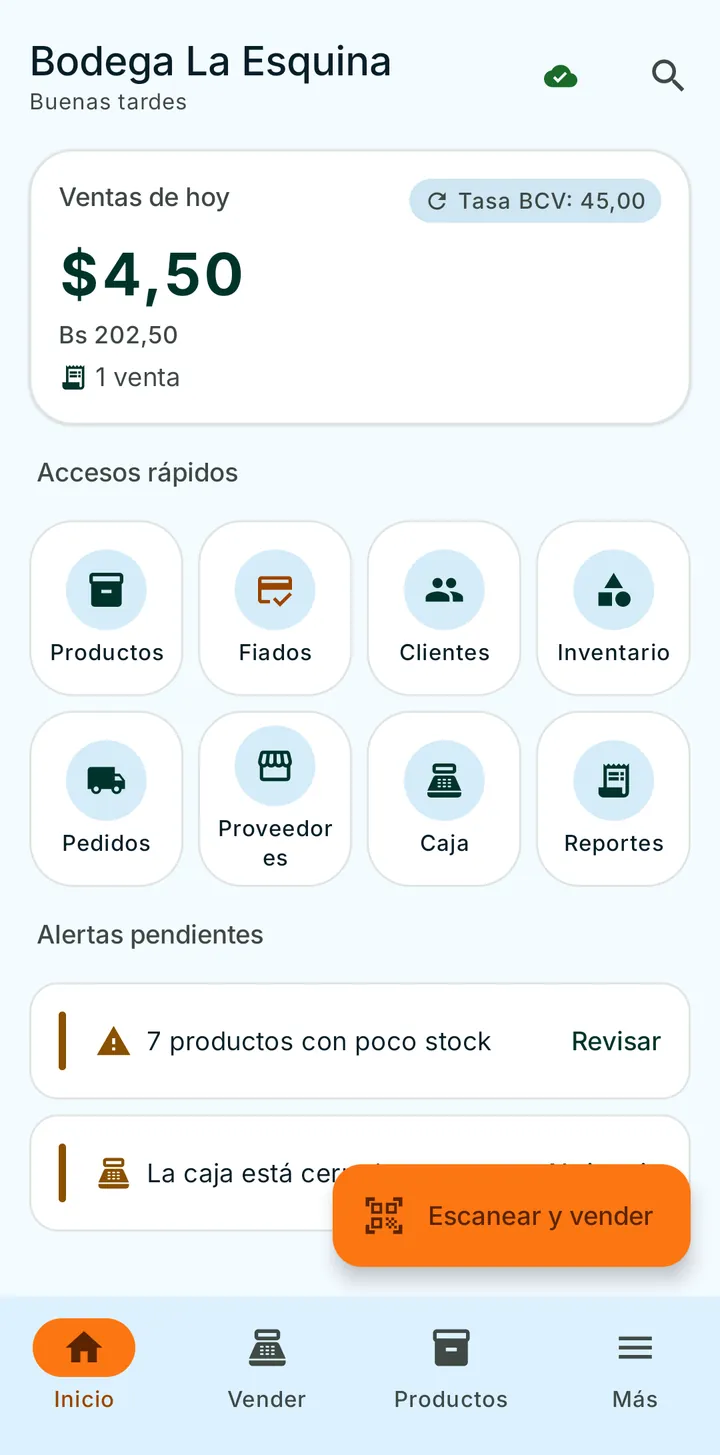 Inicio de BODEGUERO: ventas de hoy en dólares y bolívares con la tasa BCV, accesos a productos, fiados, clientes e inventario