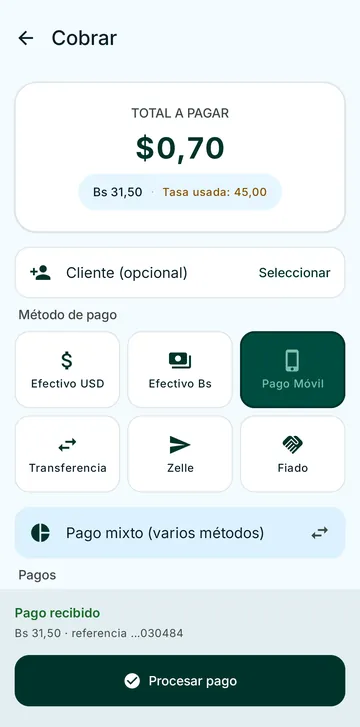 Pantalla real de Cobrar en BODEGUERO: el total en dólares y en bolívares, la tasa usada y los métodos de pago.