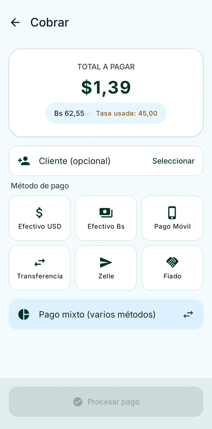 Pantalla de cobro de BODEGUERO con el total en dólares y bolívares, la tasa usada y los métodos de pago