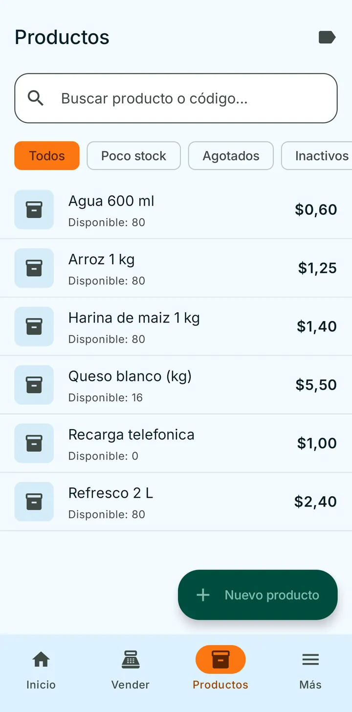 Lista de productos de BODEGUERO con precio y existencias, y los filtros de poco stock y agotados