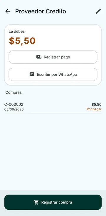 Pantalla real de un proveedor en BODEGUERO: lo que le debes y sus compras.