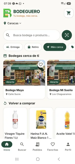 Inicio del comprador en BODEGUERO: buscador de bodega o producto, filtros de entrega y retiro, los tipos de comercio, las bodegas cerca de ti con foto y dirección, y una fila para volver a comprar.