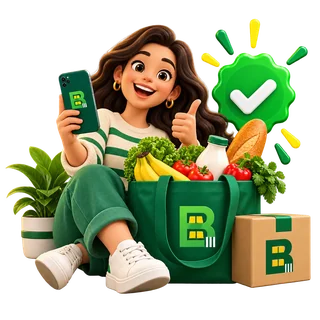 Una compradora con el teléfono en la mano junto a su bolsa BODEGUERO llena de verduras, pan y leche, y una caja de pedido con el sello de comercio verificado.