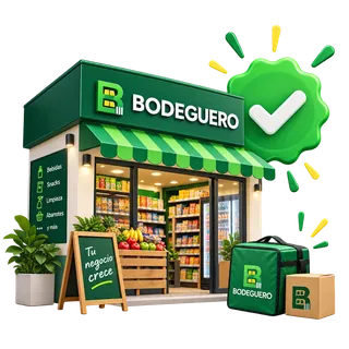 Una bodega BODEGUERO con su sello de comercio verificado, sus bolsos de reparto y su pizarra.