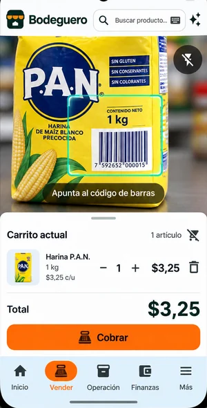 Cámara IA de BODEGUERO apuntando al código de barras de una Harina P.A.N. de 1 kg, con el producto ya en el carrito.