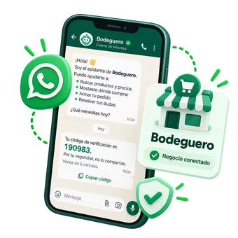 Un teléfono con la conversación de WhatsApp del asistente de BODEGUERO, el sello de negocio conectado y el logo de WhatsApp alrededor.