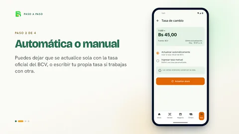 Paso 2 de 4, «Automática o manual»: el teléfono muestra la tasa de cambio del BCV, 45 bolívares por dólar, con la opción de actualizarla sola o escribirla a mano.