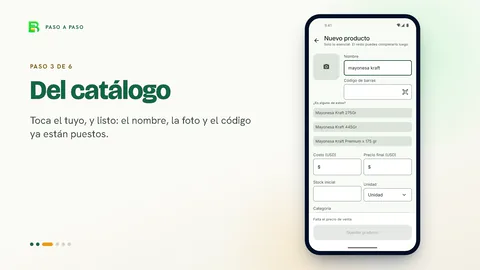 Paso 3 de 6, «Del catálogo»: el teléfono muestra un producto nuevo que se busca por su nombre y aparece del catálogo con su foto y su código.