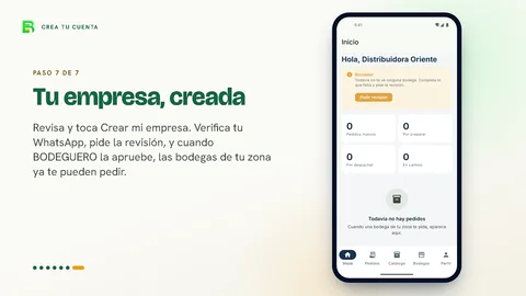 Paso 7 de 7, «Tu empresa, creada»: el teléfono muestra el inicio del proveedor, «Hola, Distribuidora Oriente», con sus pedidos nuevos, por preparar y por despachar.
